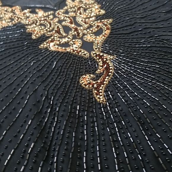 80s Vintage AJ Bari Beaded Sequin Gold & Black Asymmetrical Dress - Picture 5 of 17